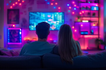 Couple relaxing on couch while watching television with neon lights