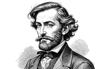 Detailed black and white sketch of a man with a beard and suit in a vintage style illustration