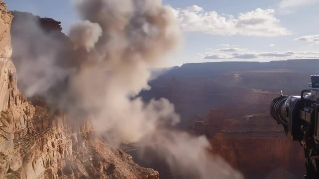 Automatic military weapon unleashing devastating power from canyon cliff, generating massive explosion with dust and debris violently flying through desert landscape