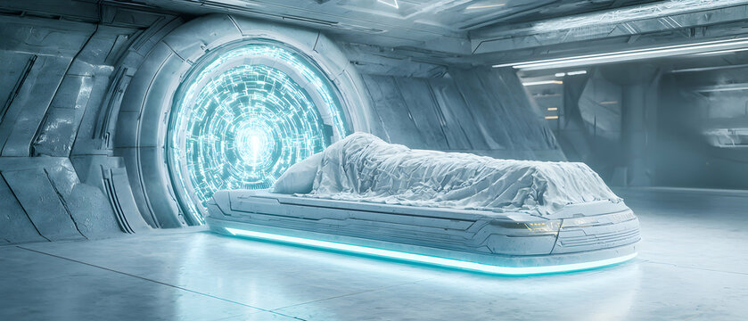 A futuristic cryogenic chamber with a covered bed. It is surrounded by bright technology and looks ready for sleep. Use this scene for a sci-fi game.