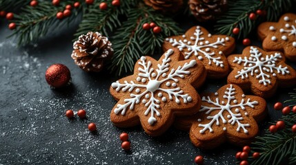 Decorated gingerbread cookies and festive decorations are arranged together