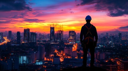 Fototapeta premium Construction worker overlooks cityscape at dusk wearing safety harness