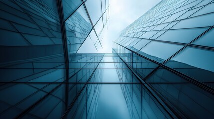 Obraz premium Modern Glass Architecture with Tall Buildings and Sky Reflections