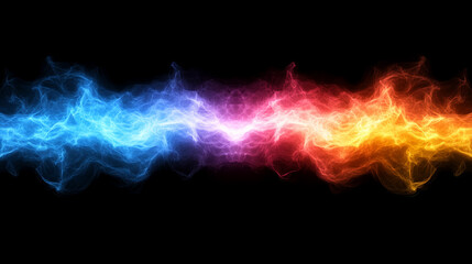 A dynamic burst of bright, colorful electric energy illuminates a dark background, symbolizing power, innovation, and high-voltage intensity with vibrant electric currents flowing dynamically.

