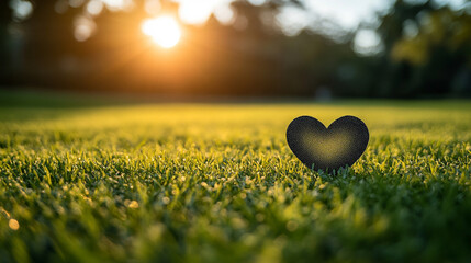 Fototapeta premium glowing heart chakra symbol made of energy radiates over a lush green meadow, bathed in bright light, symbolizing peace, balance, and harmony in a serene, minimalist setting