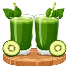 Two Glasses Of Green Smoothie On Wooden Coaster