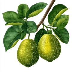 Two Green Citrus Fruits on Branch with Leaves Detailed Botanical Illustration