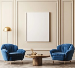 Elegant living room with blue armchairs, wooden coffee table, and blank poster.