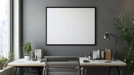 Modern home office featuring a framed blank picture on the wall perfect for custom artwork or professional content