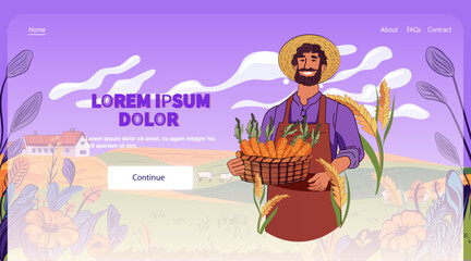 Farmer with basket of carrots in rural landscape. Man in straw hat holding produce surrounded by fields flowers and a farmhouse under a purple sky. Website template