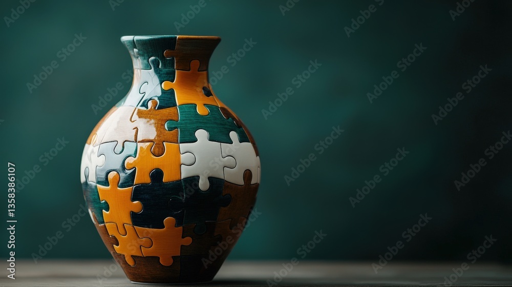 Poster a vase designed like a puzzle being assembled with intricate patterns