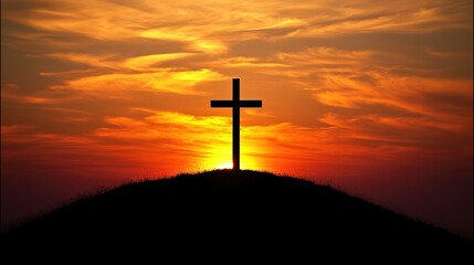Good Friday Cross on Hill at Sunset – Christian Religious Symbolism, Faith, and Easter Celebration