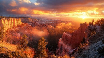 Majestic Sunrise over a Canyon.  A breathtaking panorama of a canyon at sunrise.  Vibrant colors paint the sky and rock formations.  Misty mountaintops add a touch of ethereal beauty