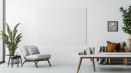 Modern home office with a blank canvas on the white wall providing ample space for creative work