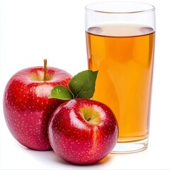 Two Red Apples and a Glass of Apple Juice on White Background
