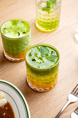 matcha drink in a sunny cafe