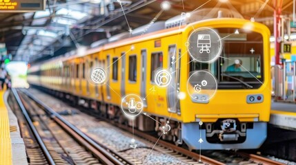 Bright yellow train at station with digital overlay, smart transportation concept