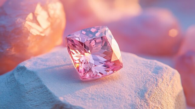 A close-up of an expertly cut pink morganite gemstone, glowing with its soft pastel tones.