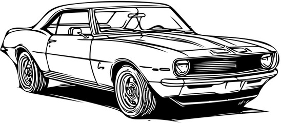Classic vintage car in detailed black vector illustration, side rear view on transparent background
