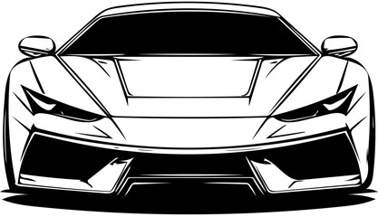 Bold front view of futuristic sports car in black silhouette vector style, isolated on transparent background
