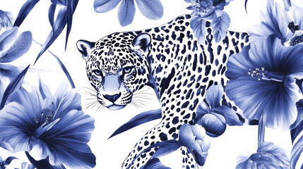 Wild Jaguar Among Tropical Blooms, Stylish Blue Palette