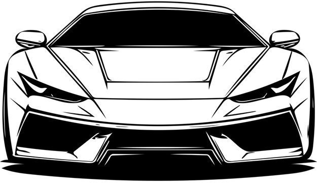 Bold front view of futuristic sports car in black silhouette vector style, isolated on transparent background

