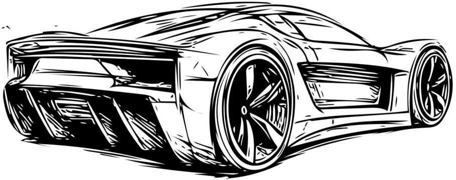 Side profile of futuristic supercar in dynamic black and white vector illustration, transparent background

