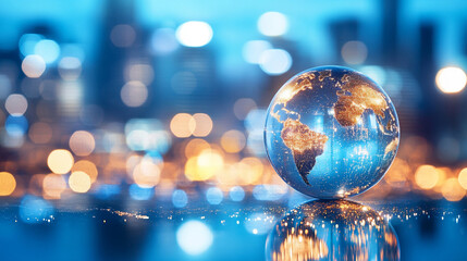 Planet Earth set against a modern cityscape, with a blurred background emphasizing the chaos and global connection in a rapidly urbanizing world with a bright tone