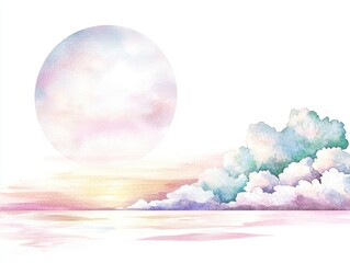 Twilight Silken Veil Embraces Horizon with Pastel Moon Reflected in Calm Waters Amidst Teal Rose-Hued Cloud Bank