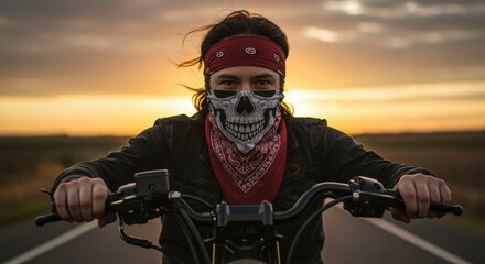 Biker with Skull Bandana Riding on Open Road at Sunset, Capturing the Spirit of Freedom and Adventure - skull bandana mask