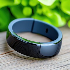 Sleek luminescent black fitness tracker watches resting on wooden surface bright green background vibrant exercise technology style