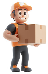 Happy delivery worker carrying a box in a bright orange uniform in a friendly cartoon style isolated on transparent background.