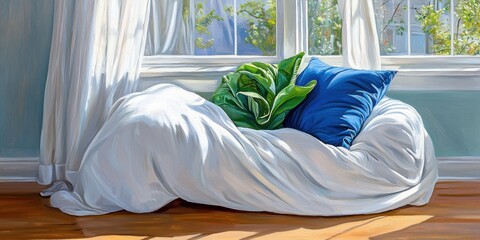 Sun-drenched room with golden light spilling through window onto white sheet draped over cushion and vibrant green plant