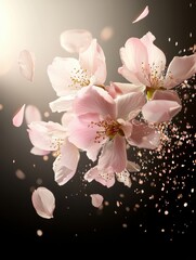 Twilight garden scene with delicate pink cherry blossoms illuminated by fairy lights and falling petals in magical ambiance