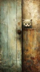 Tiny Wide-Eyed Silver Kitten Peeking Cautiously Through the Crack of an Aged Weathered Door with Its Large Curious Eyes