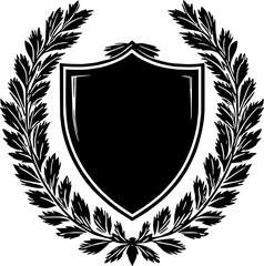 Classic heraldic shield with laurel wreath in hand drawn style, elegant vintage crest on transparent background
