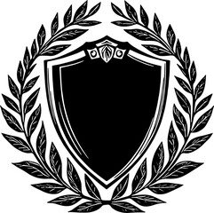 Classic heraldic shield with laurel wreath in hand drawn style, elegant vintage crest on transparent background
