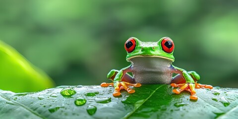 Vibrant red-eyed tree frog perched on dew-kissed green leaf showcasing bright orange feet and captivating striking eyes