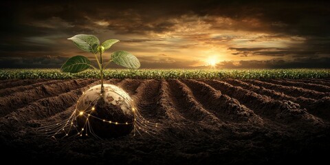 Young Plant Sprouts from Glowing Digital Globe in Tilled Earth Under a Golden Sunset with Illuminated Tendrils Connects Global