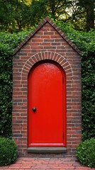 Stunning Red Door Framed by Colonial Brick and Lush Green Hedges Under a Fading Sunset in a Charming Historic Setting