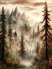 Ethereal Twilight Over Misty Valley with Towe Peaks and Evergreen Trees Shrouded in Soft Fog Beneath a Starry Sky