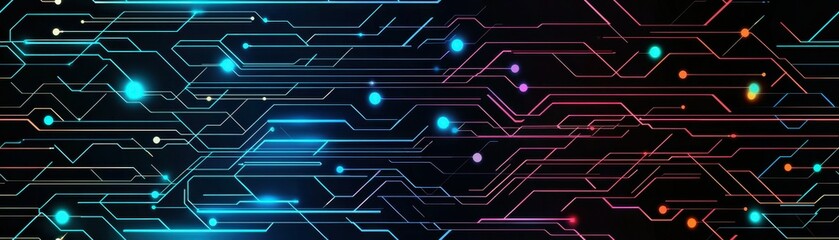 Obraz premium A vibrant, abstract design featuring colorful circuitry lines and dots on a dark background, representing technology and digital connections.