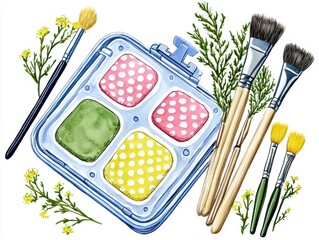 Eco-Friendly Travel Inspiration with a Transparent Four-Compartment Paint Palette of Pastel Colors and Polka Dots Delightfully Presented