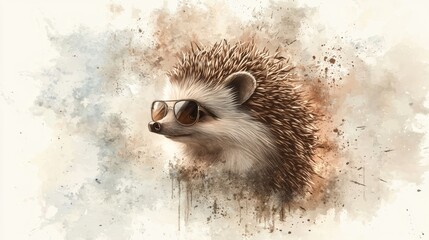 Kawaii Hedgehog Wea Aviator Sunglasses Watercolor Illustration Cute Sticker Design Adorable Animal Art Style