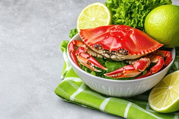 Vibrant Red Chili Crab on Lettuce Bed in White Bowl with Fresh Limes for Exquisite Gourmet Food Photography