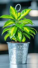 Vibrant Variegated Plant in Sleek Silver Pot Captu Minimalist Aesthetic in a Bright Sunlit Workspace Environment