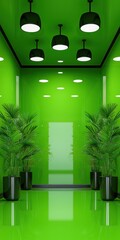Sun-drenched vibrant green boardroom with sleek black fixtures and lush potted palms flanking a glossy green floor design