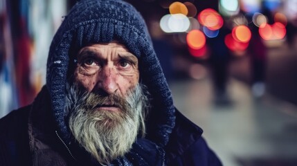 Fototapeta premium Destitute beggar, urban street: ragged clothing, weary face, empty hand, cold pavement, silent plea, lost hope, lonely figure, unseen struggle, harsh reality, desperate survival