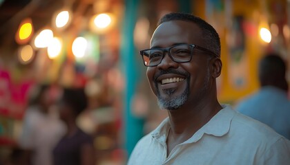 Fototapeta premium Smiling man wearing eyeglasses stands outdoors with blurred background lights
