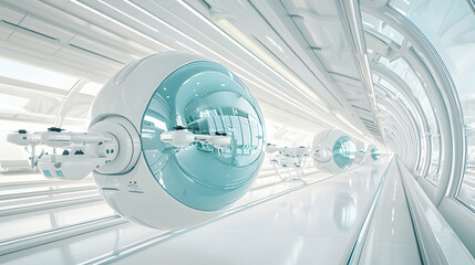 Obraz premium A futuristic transit system with spherical vehicles traveling within a white tunnel. This could be a design for advanced urban transportation.